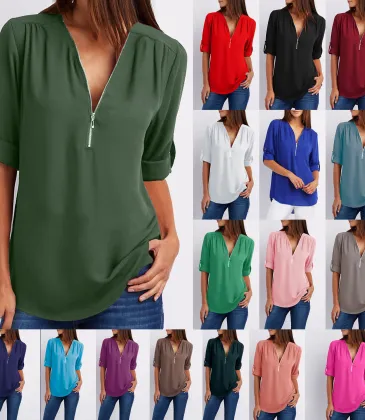 V-neck zipper large size women's long-sleeved sleeves loose chiffon shirt (S-5XL) #9116411