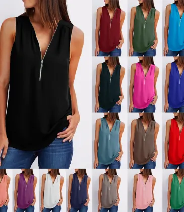 Solid color zipper half-open collar 2021 hot sale women's T-shirt Sleeveless (17 colors) S-5XL-$9.9 #99904357